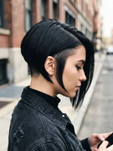 Asymmetrical undercut bob on dark hair edgy hairstyle