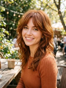 Auburn kitty cut with loose waves hairstyle