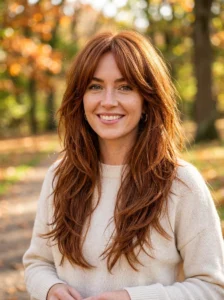 Auburn long shag with curtain fringe hairstyle