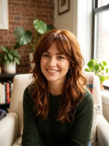 Auburn medium shag with curtain fringe hairstyle