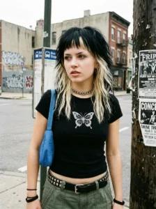 Black hair with chunky blonde underlights Y2K hairstyle