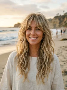 Textured blonde long shag hairstyle with soft waves
