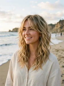 Textured blonde medium shag hairstyle with soft waves