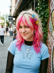 Blonde and pink split skunk hair Y2K hairstyle