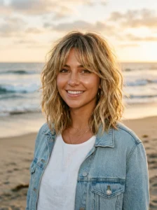 Messy blonde shaggy lob with face framing fringe hairstyle