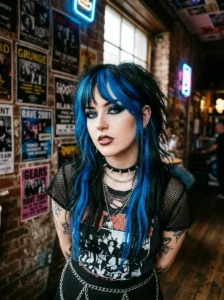 Blue chunky highlights on black hair Y2K hairstyle