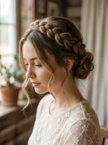 Braided crown hairstyle for greasy hair