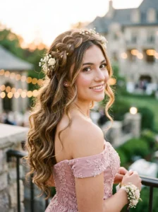 Braided crown with loose curls romantic prom hairstyle