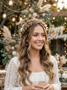 Braided crown with loose waves romantic birthday hairstyle