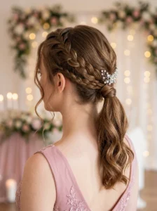 Braided low ponytail elegant prom hairstyle