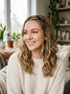 Medium wavy bronde hair with baby braids natural style