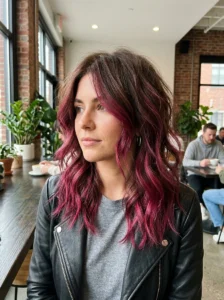 Brown layered hair with vibrant magenta highlights and soft waves