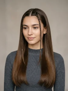 Long straight brown hair with front baby braids sleek look