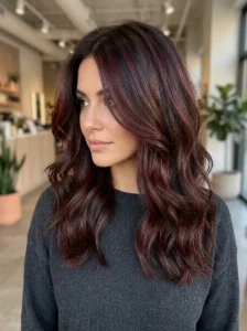 Brown hair with dark red highlights and layered soft waves