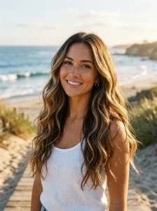 Long wavy sun kissed balayage California brunette hairstyle