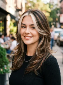 Soft brunette skunk hair with caramel streaks