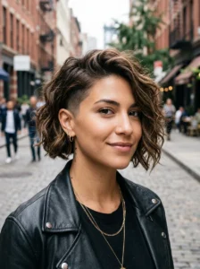 Wavy brunette undercut bob textured hairstyle