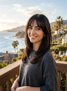 Dark California brunette hairstyle with bangs