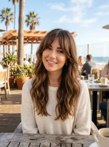 Medium long California brunette hairstyle with curtain bangs