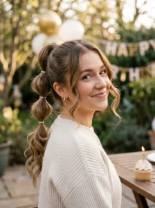 Bubble ponytail with soft waves trendy birthday hairstyle