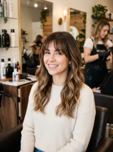 California brunette balayage hairstyle with bangs