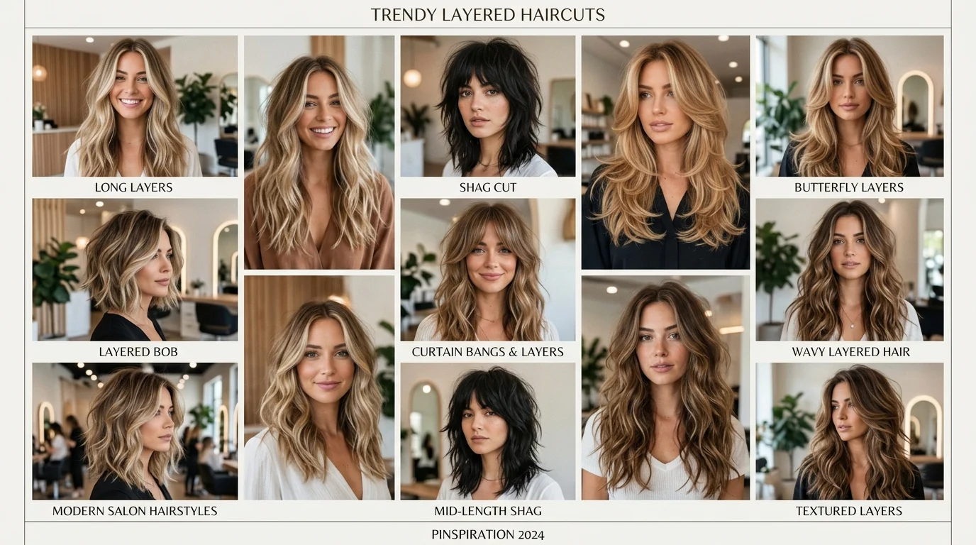 Layered haircuts collage with trendy styles for every hair type
