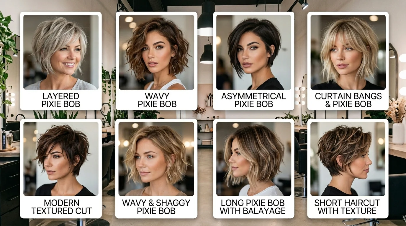 Long pixie bob hairstyles collage with modern layered cuts