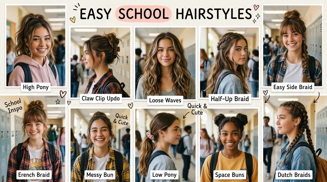 Easy school hairstyles collage with quick everyday hair ideas