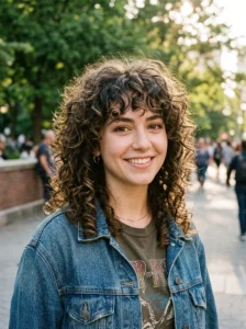 curly wolf cut hairstyle, layered curls, natural volume and texture
