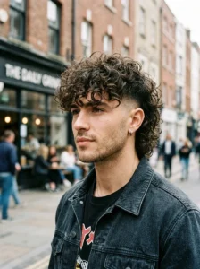 Curly wolf cut for men with bangs and undercut textured hairstyle
