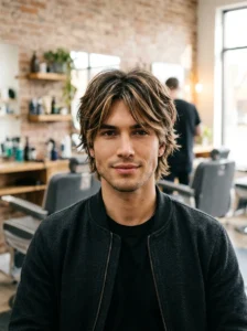 Duo toned wolf cut for men on straight hair with highlights