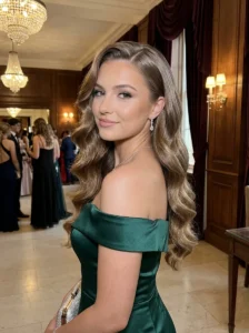 Soft Hollywood waves on long hair elegant prom hairstyle