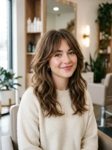 Soft kitty cut with curtain bangs layered hairstyle