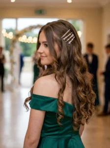 Long loose waves with sparkly clips prom hairstyle