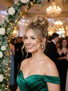 Fluffy top knot with face framing strands prom hairstyle