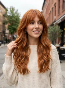 Long ginger hairstyle with soft fringe and loose textured waves