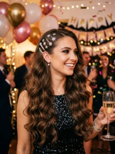Long loose waves with sparkly clips birthday hairstyle