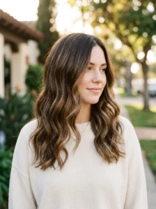 Soft wavy dimensional California brunette hairstyle with glossy waves