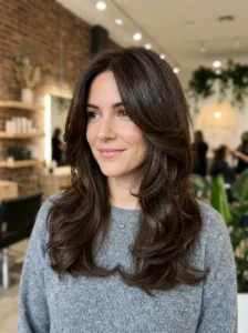Glossy long shag with face framing waves hairstyle