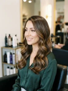 Glossy wavy California brunette hairstyle with shiny waves