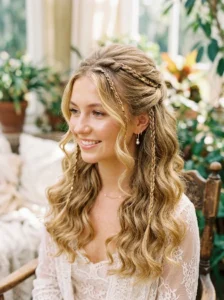 Wavy golden hair with baby braids glowing look