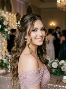 Half up half down curls with face framing pieces prom hairstyle