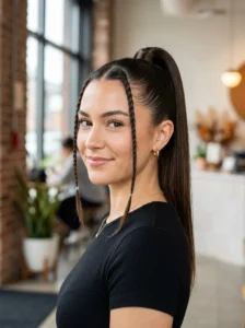 Ponytail hairstyle with baby braids front detail