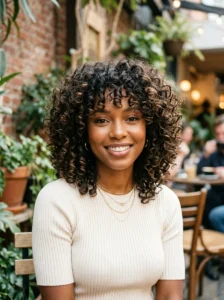 Soft curly kitty cut layered hairstyle
