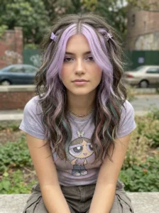 Pastel lavender skunk hair Y2K hairstyle