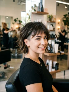 Layered undercut bob with wispy bangs modern hairstyle