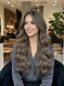 Long ash brown wavy hairstyle with layered soft texture