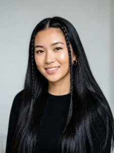 Long black hair with thick baby braids front strands