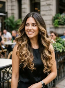 Long dark hair with blonde balayage highlights and loose waves