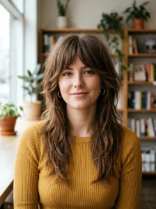 Long shag with bottleneck bangs hairstyle